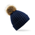 Navy Blue - Front - Beechfield Pom Pom Faux Fur Chunky Knit Beanie