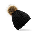 Black - Front - Beechfield Pom Pom Faux Fur Chunky Knit Beanie