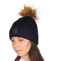 Navy - Back - Coldstream Womens-Ladies Hawick Crystal Suede Patch Bobble Beanie