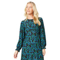 Black-Blue-Green - Side - Dorothy Perkins Womens-Ladies Leopard Print Shirred Cuff Long-Sleeved Midi Dress