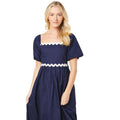 Navy - Side - Dorothy Perkins Womens-Ladies Contrast Trim Puff Sleeve Midi Dress