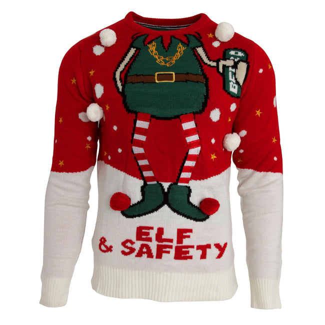 Brave Soul Mens Elf Safety Christmas Jumper Discounts on great Brands