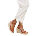 Tan - Side - Where´s That From Womens-Ladies Texas Studded PU Crossover Strap Wedge