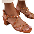 Tan - Back - Where´s That From Womens-Ladies Intense Studded PU Block Heel Sandals