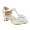 White - Front - Where´s That From Girls Chava Bow Faux Leather Diamante Mid High Heel Sandals