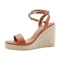 Tan - Front - Where´s That From Womens-Ladies Texas Studded PU Crossover Strap Wide Wedges