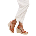 Tan - Back - Where´s That From Womens-Ladies Texas Studded PU Crossover Strap Wide Wedges